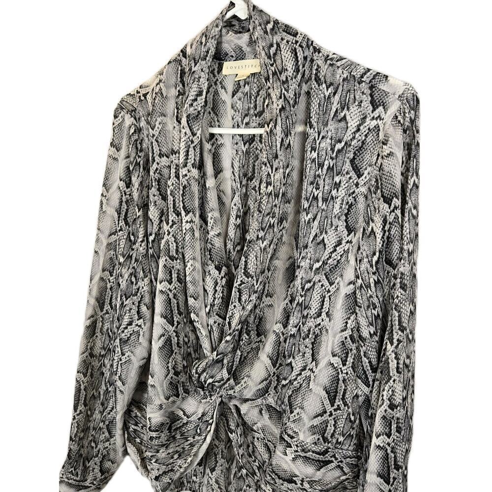 Lovestitch Snake Print Wrap Blouse LARGE Black Ivory Hi-Low Flowy Sheer Boho